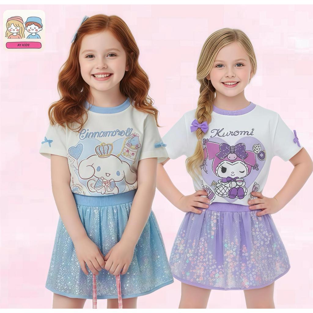 BB146 พร้อมส่ง ชุดเซ็ทเด็กเสื้อ+กระโปรง เสื้อแต่งโบว์กระโปรงกลิตเตอร์วิ้งสีฟ้าและสีม่วง งานน่ารัก