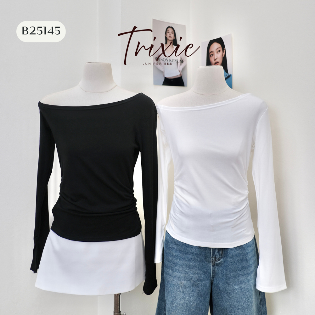 B25145 I TRIXIE เสื้อแขนยาวปาดไหล่ ผ้านุ่มลื่นใส่แล้วเก็บทรงสวย [ซื้อครบ 1,000 แถมเครื่องประดับ]