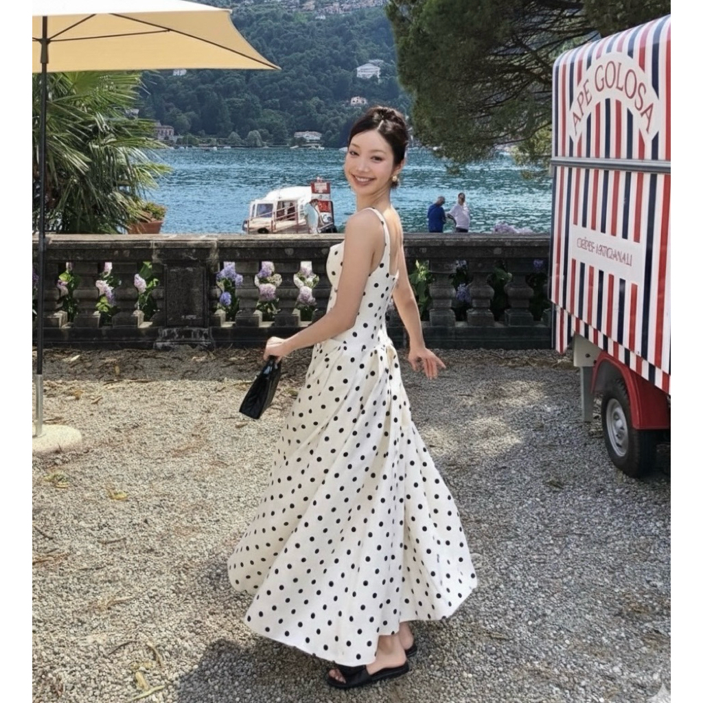 เดรสตัวยาวสายเดี่ยวคอเหลี่ยมผ้าดีมากมีโชคเกอร์ดอกไม้อกมีฟองน้ำซิปหลังกระโปรงทรงบานเย็บจีบหน้าและหลังลายจุด - รูปที่ 5