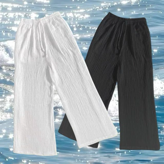 กางเกงขายาว ผ้าสาลูอัดย่น2ชั้น สีขาว ใส่อยู่บ้าน ใส่ไปทะเล ใส่คลุมบิกินี่❤️ กางเกงขายาวผู้หญิง กางเกงชายหาด