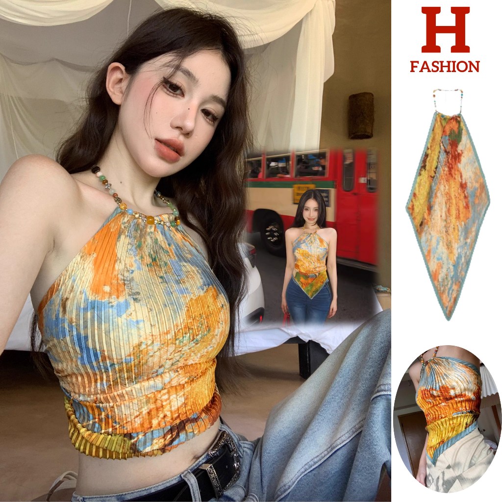 Hot fashion thai~'พร้อมส่ง' M1152  crop top ภาพวาดสีน้ำมันสั้นแขวนเสื้อกั๊ก