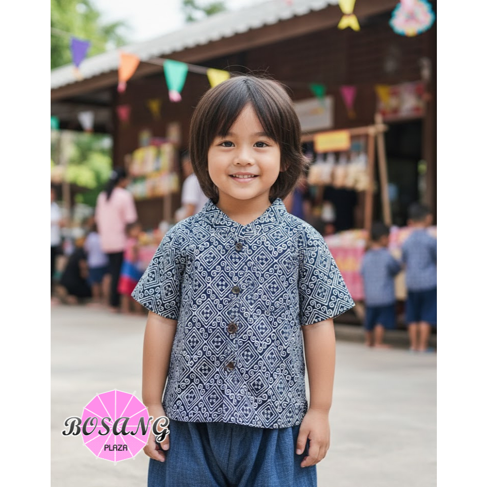 เสื้อ เด็กชาย ผ่าหน้า คอจีน ผ้าฝ้ายย้อมฮ่อม ใช้เทคนิค กัดสี ลายไทย แขนสั้น (เฉพาะเสื้อ-มั่นใจลายไม่ลอก)