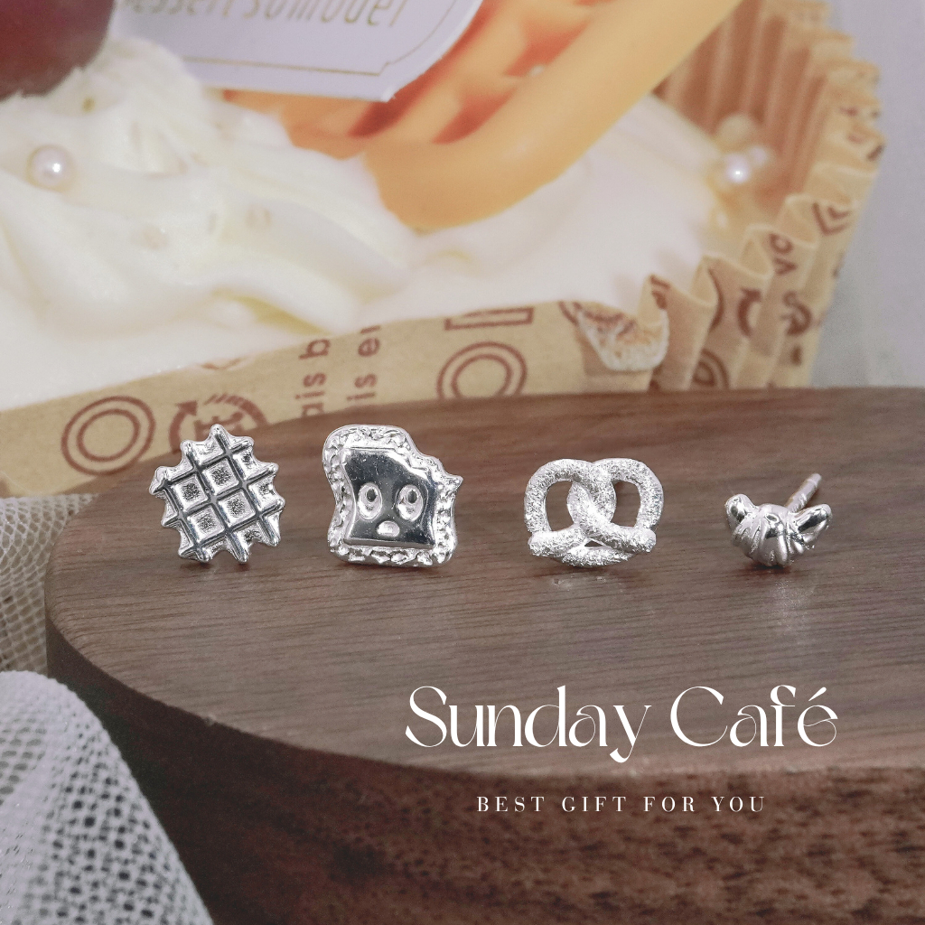 nnjew ต่างหูเงินแท้ 99.9% s999 (ทั้งตัวเรือน ก้านอ่อน) Sunday Café ทรง เบเกอรี่ ผู้หญิง