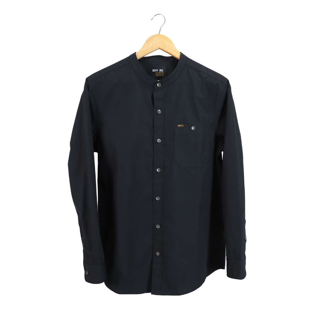MEN'S BOVYCOLLAR  SHIRT-เสื้อเชิ้ตคอจีนผ้านุ่มด้ายดำซักไบโอวอซ BBS11246