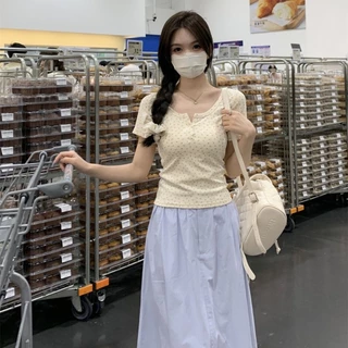 🍒พร้อมส่ง เสื้อครอปเเขนสั้นสีนวลลายดอกไม้ สไตล์เกาหลี🌼ใส่สบาย เสื้อกล้าม🍸#011