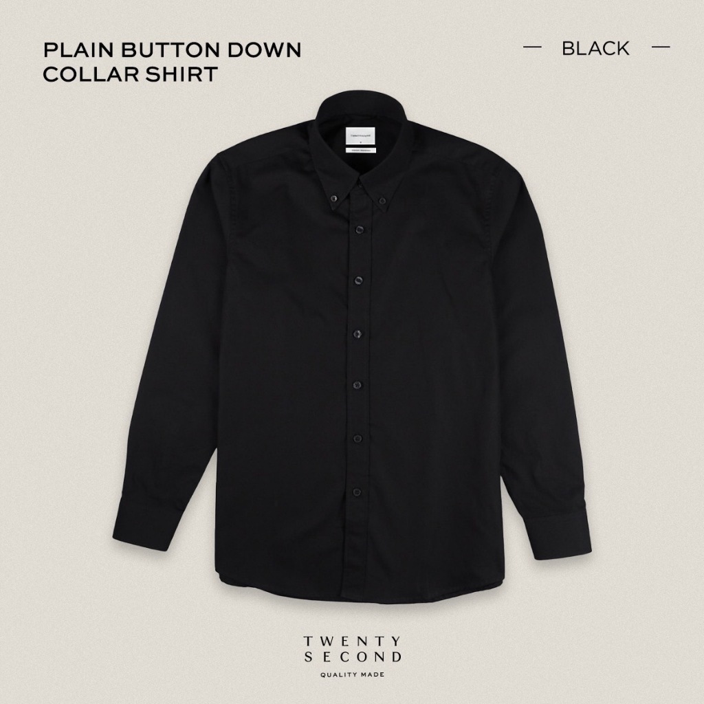 TWENTYSECOND เสื้อเชิ้ตแขนยาว ผ้าคอตต้อน ดุมปก รุ่น Plain Button Down Collar Shirt - ดำ / Black