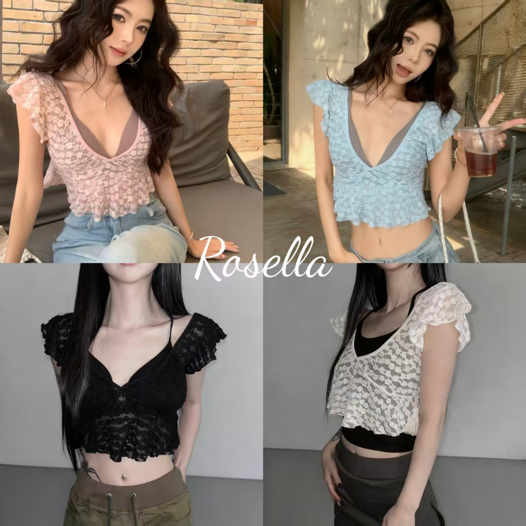 Rosella【สินค้าใหม่👗】ดีไซน์สไตล์สตรีทเฉพาะกลุ่ม เสื้อลูกไม้แขนสั้น แขนระบาย ตกแต่งด้วยลูกไม้ลายดอกไม้ และเนื้อผ้าบางเบา