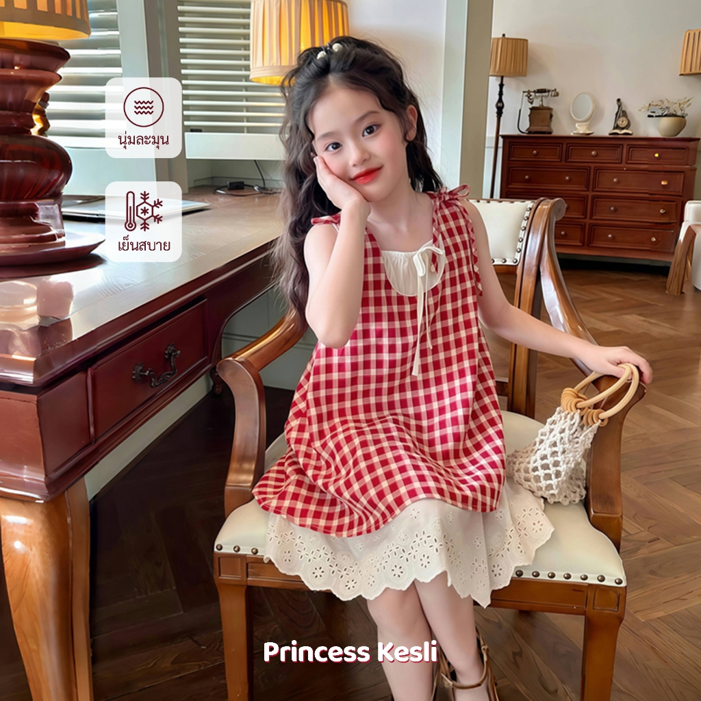 PRINCESS KESLI ชุดเดรสโบว์ลายหมากรุกสีแดงสุดน่ารักสําหรับเด็กผู้หญิง 1-12 ปี