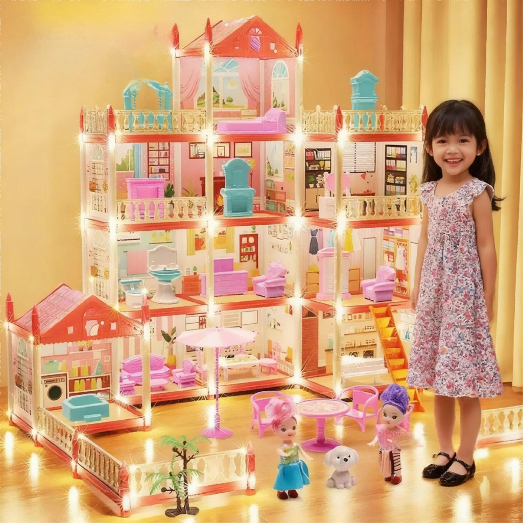 บ้านตุ๊กตา สุดหรู 4 ชั้น  มีไฟ LED DIYประกอบปราสาทเจ้าหญิง ของขวัญเด็กผู้หญิง ของเล่นเสริมพัฒนาการ