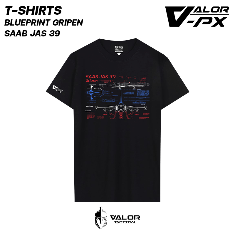 VALOR PX - Blueprint Gripen Saab JAS 39 T-Shirt เสื้อยืด สกรีนลาย ผ้าระบายอากาศ ไม่อับชื้น