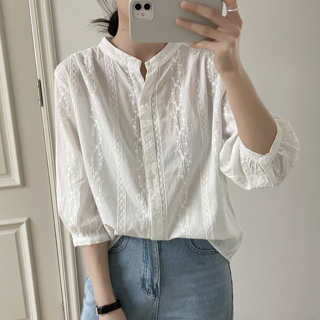 เสื้อคอวี แขนสี่ส่วน เชิ้ตขาว ผ้าลูกไม้ 39-44” เสื้อลำลอง สไตล์มินิมอลเกาหลี Herbie Style