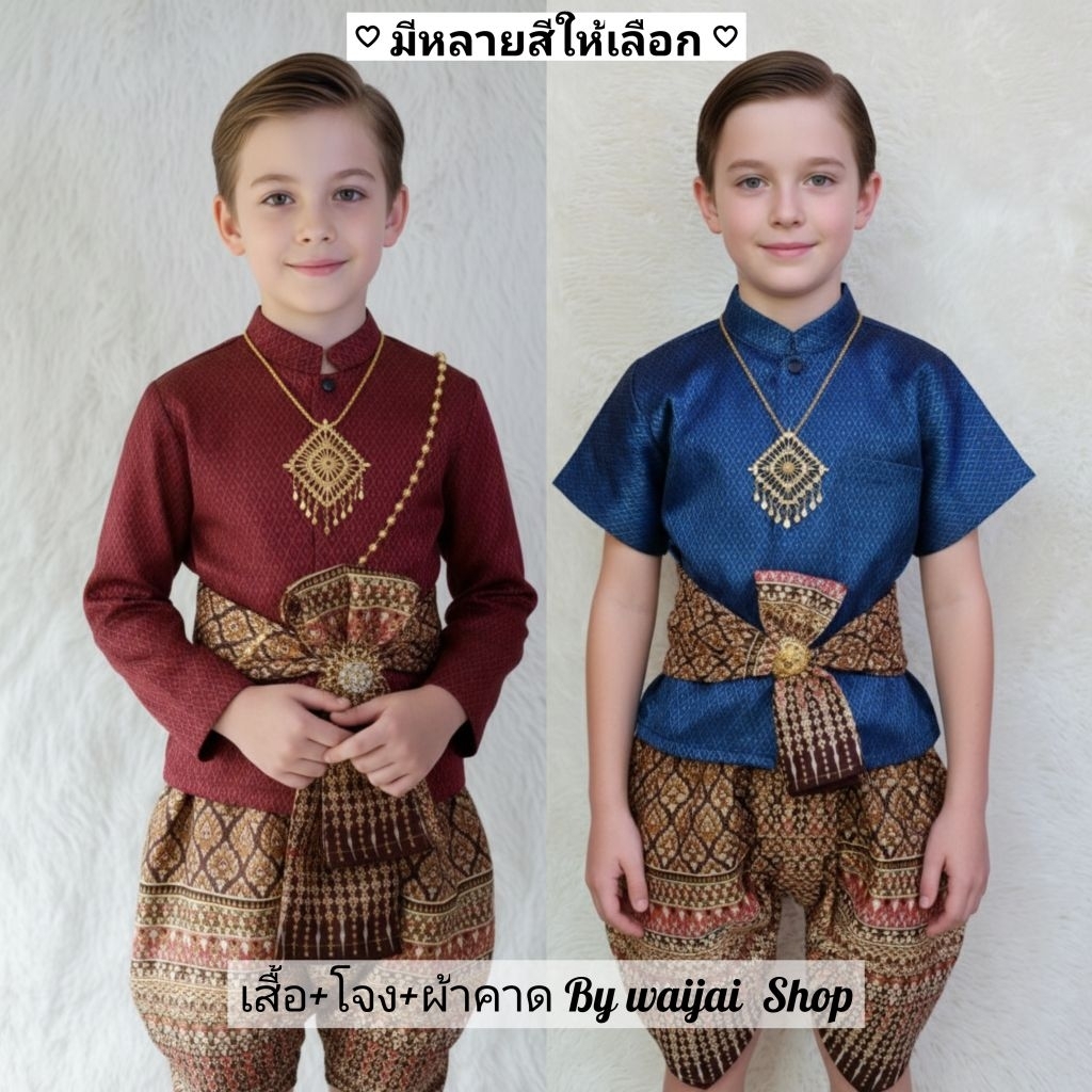 ชุดไทยเด็ก ชุดไทยเด็กผู้ชาย ชุดไทยราชประแตน (เสื้อ+โจงกระเบน+ผ้าคาด) มีทุกไซส์ทุกวัย ชุดไทยชายหล่อๆ  เสื้อผ้าผู้ชาย