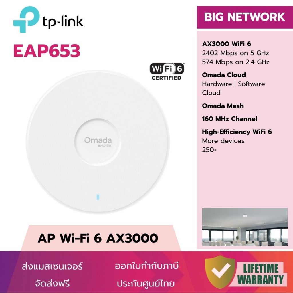 (ดีไซน์บาง) TP-Link EAP653 Access Point Wi-Fi 6 AX3000 Omada Mesh HE160 ประกันศูนย์