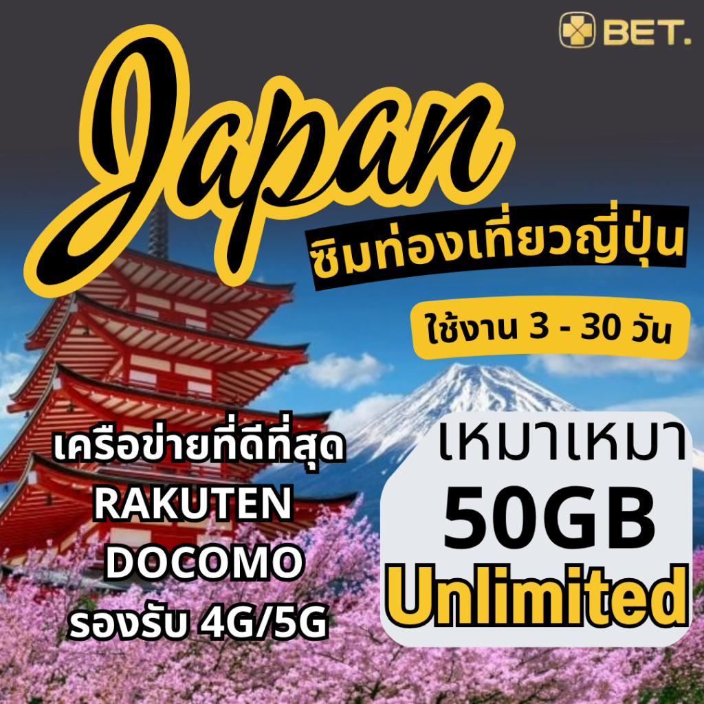 Japan Sim ซิมญี่ปุ่น เครือข่าย Rakuten/Docomo 4G/5G เน็ตเต็มสปีด 50GB/Unlimited ใช้งาน 5 ถึง 30 วัน