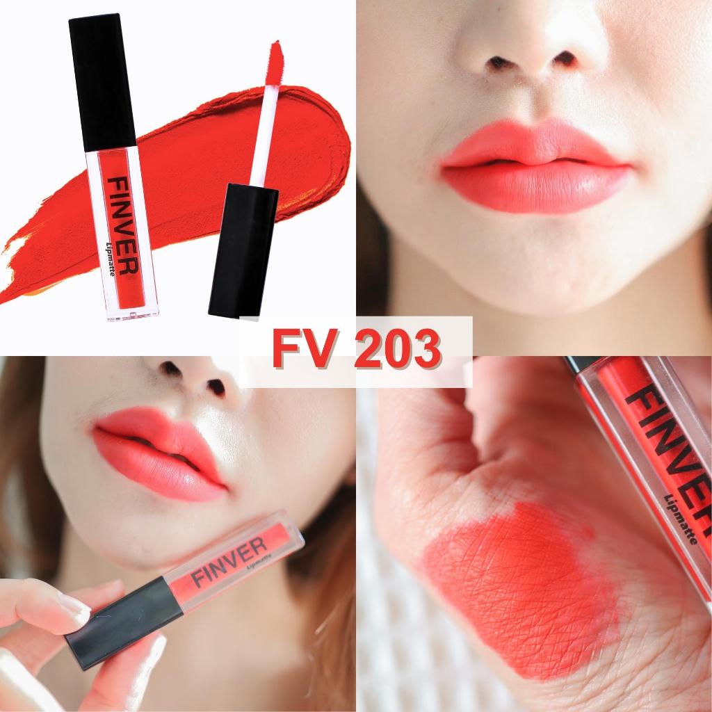 สีแดง อมส้ม 203 ลิป ฟินเวอร์ By FiNVALA ลิปแมท จุดเด่น สีสวย กันน้ำ แห้งไว สีติดทน Lip Finver ลิปตัวดัง ของพี่ดาว ฟินเวอ