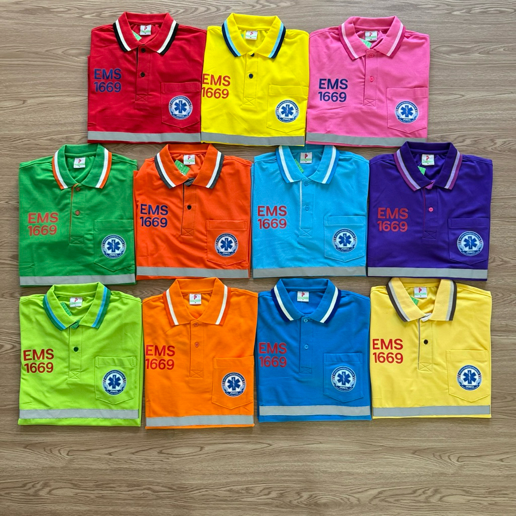 เสื้อโปโลกู้ภัยemsเสื้อ1669พร้อมสกรีนDTF 7สีและติดเทปสะท้อนหน้าหลัง