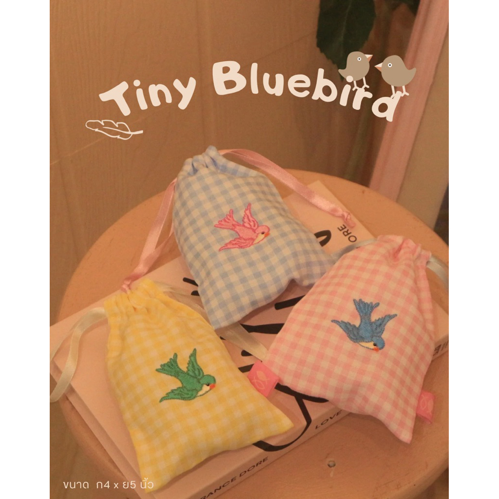 กระเป๋าผ้าลายสก๊อตพร้อมปักลาย.Tinybluebird.งานผลิตเองไม่ใช่สินค้าจีน