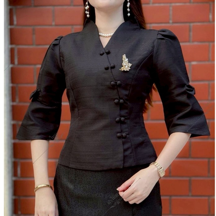 KK - AF (เฉพาะเสื้อ) เสื้อไหมสี่เส้นแขนยาวสีดำ พร้อมส่งค่ะ มีอก32-44 เสื้อใส่ไปทำบุญ ออกงานต่างๆไปวัด งานขาวดำ ไว้อาลัย