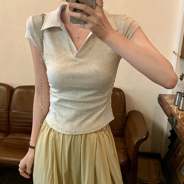 พร้อมส่ง เสื้อยืดคอปก คอโปโล  แขนสั้น มี4สี ดีไซน์จีบด้านข้าง สำหรับผู้หญิง No.A57