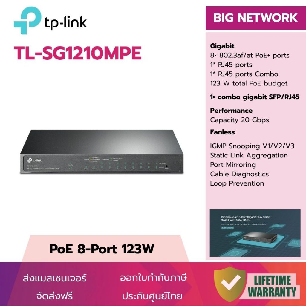 (PoE 8-Port 123W) TP-Link TL-SG1210MPE 10-Port Gigabit Easy Smart Switch with 8-Port PoE+ ประกันศูนย