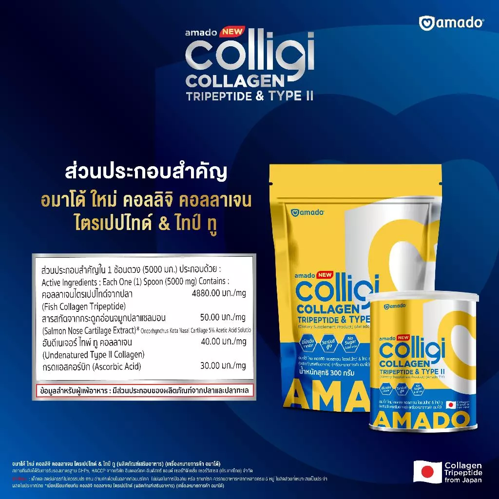 NEW! AMADO COLLIGI COLLAGEN - สูตรใหม่ คอลลิจิ คอลลาเจน ไตรเปปไทด์ แอนด์ ไทป์ ทู (ขนาด 300 กรัม) thumbnail 7