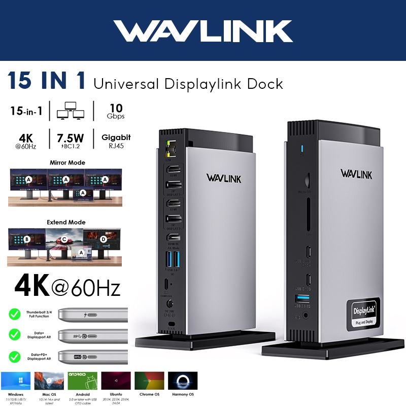 WAVLINK 15-in-1 DisplayLink Docking Station 3 พอร์ต HDMI, 2 พอร์ต DP, RJ45, Audio/Mic, SD/TF, 5 พอร์
