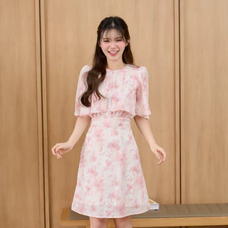 Pixie Camellia Dress (Pink) เดรสปกสองชั้น ผ้าริ้ว โพลีนิ่ม