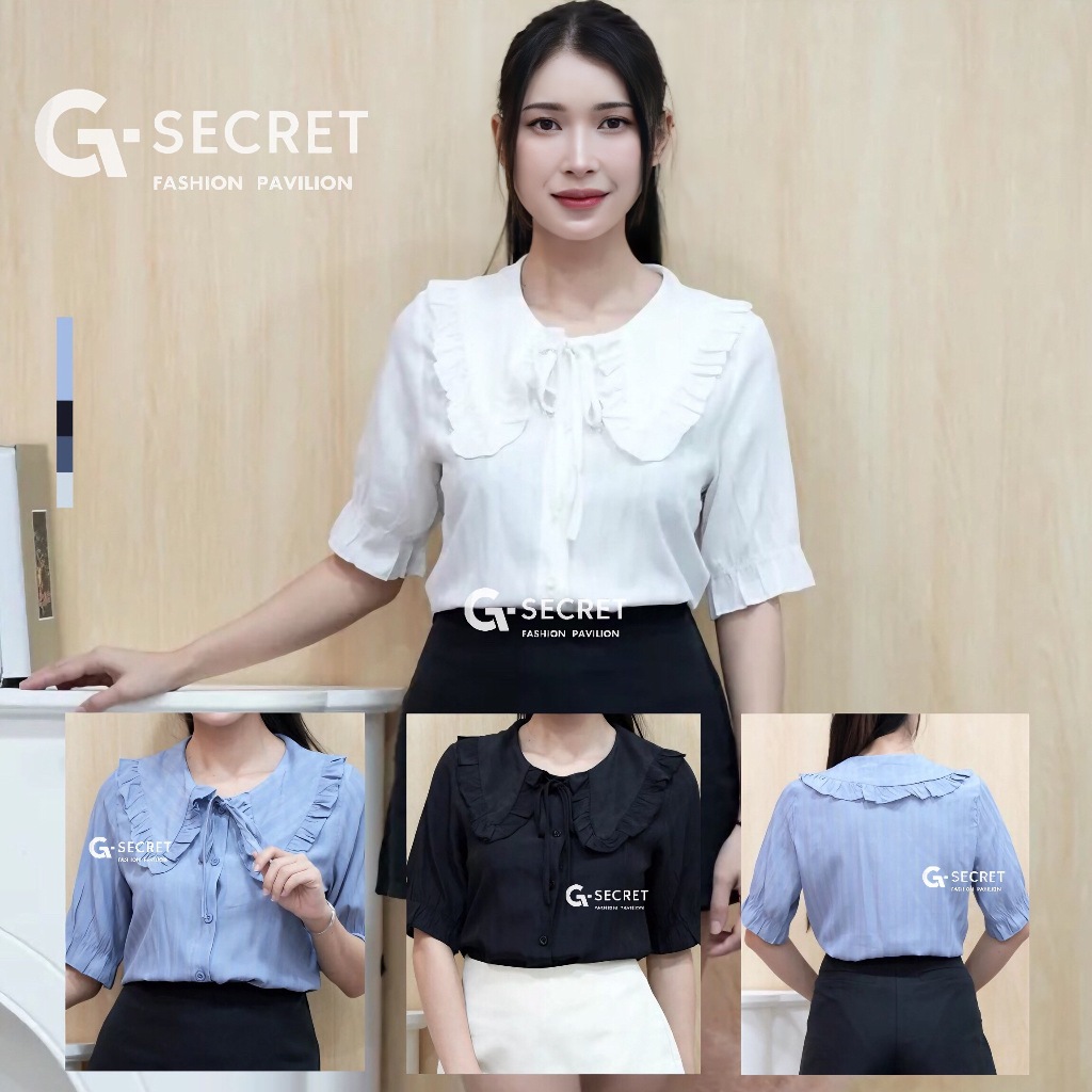 เสื้อแขนสั้น คอบัว เนื้อผ้าชีฟอง รุ่นติดกระดุม ดีเทลมีเชือกผูกโบว์ด้านหน้า น่ารักมาก​ มีซับใน ทรงสวยโซคิ้ว สำหรับสาวหวาน – โปรปัง