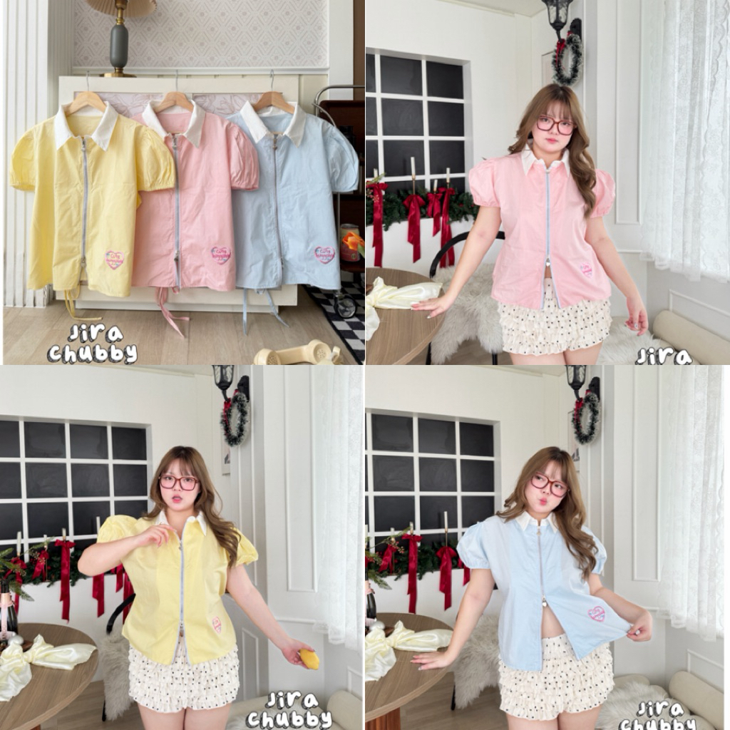 เสื้อแต่งซิปหัวใจคอปกสาวอวบ ปักชายเสื้อ อก38-50นิ้ว