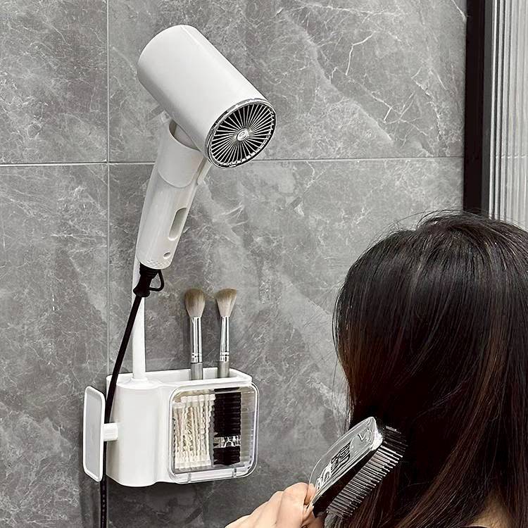 ที่แขวนไดร์เป่าผม 2 IN 1 มีช่องจัดเก็บของ ขาตั้งไดร์หมุน 360 องศา แบบติดผนังใช้เทปกาว ไม่ต้องเจาะ ติดตั้งง่าย
