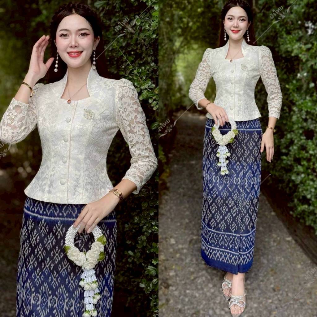 KK – KD (ขายแยก)  set 2 ชิ้น เสื้อลูกไม้สีขาวครีมแขนยาว ผ้าถุงป้ายสำเร็จผ้าทอลายไทยสีกรมท่า ชุดไทยใส่ไปทำบุญ ออกพรรษา