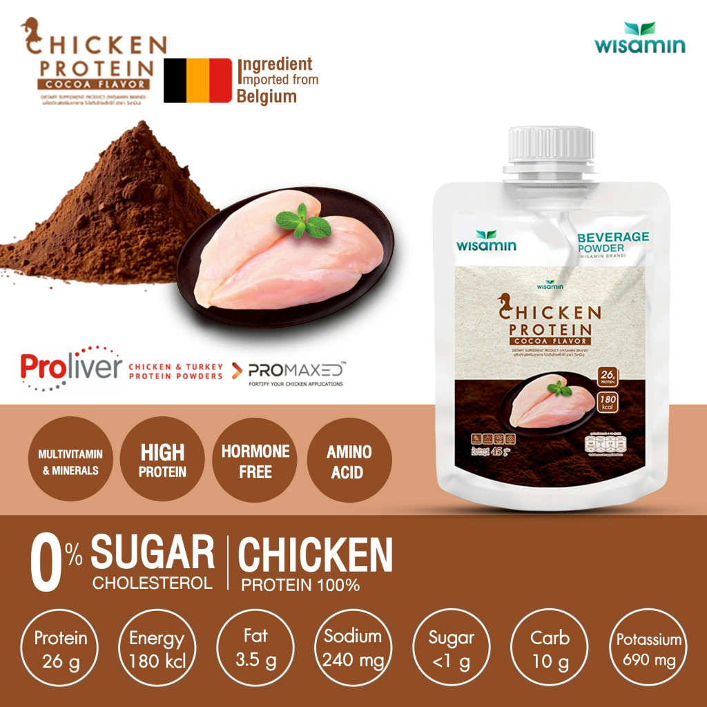 CHICKEN PROTEIN โปรตีนจากไก่ ไฮโดรไลซ์ มี 4 รสชาติ ชนิดซอง 45 กรัม (ตราวิษามิน) จำนวน 1 ซอง 45 กรัม ปลอดกลูเตน ปลอด GMO - รูปที่ 3