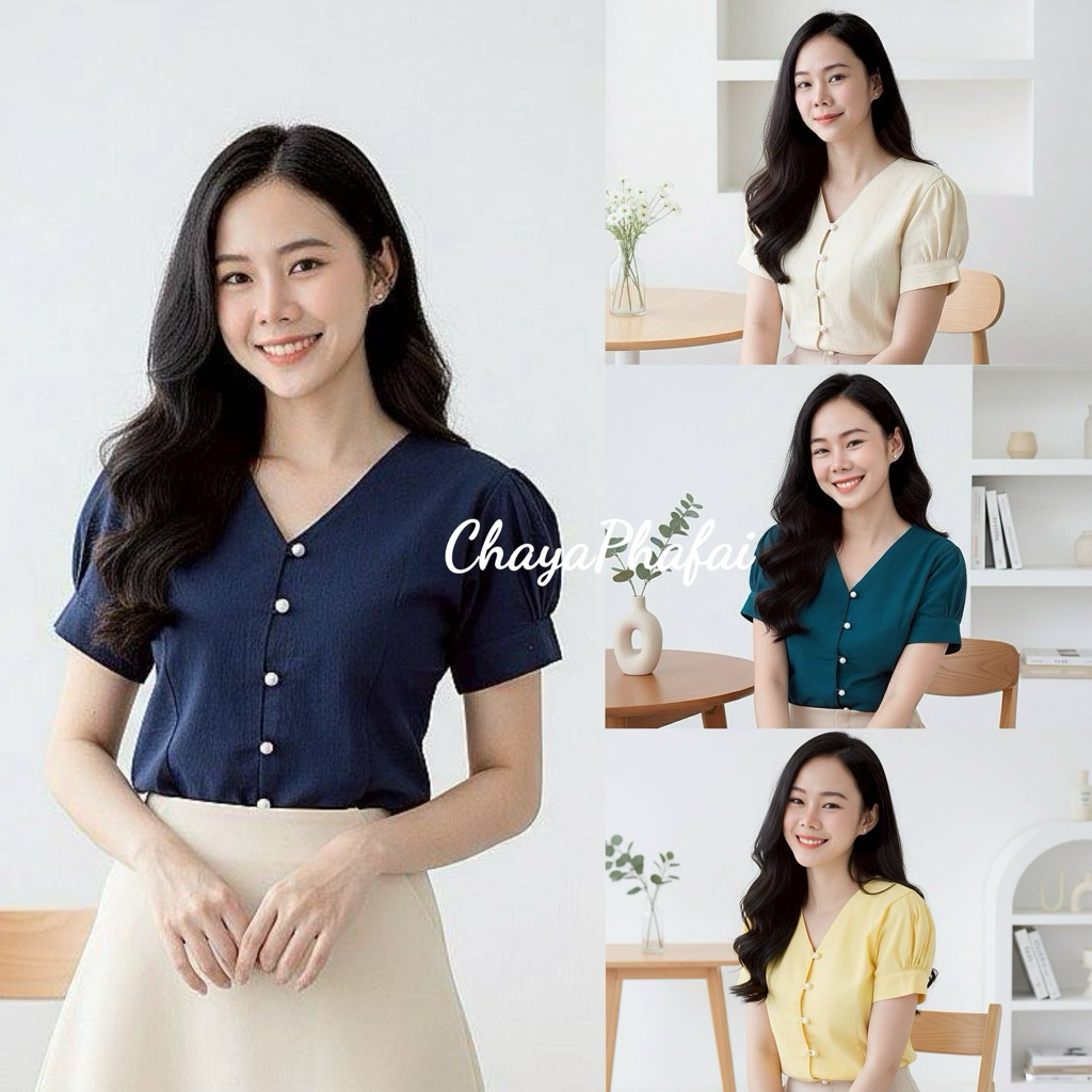 เสื้อผ้าฝ้ายคอวีแขนตุ๊กตากระดุมมุก