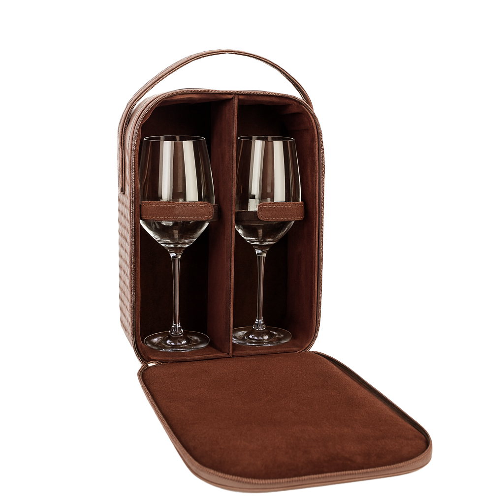 กระเป๋าหนังใส่แก้วไวน์สุดหรู พร้อมแก้ว Rona Charme Bordeaux 2 ใบ