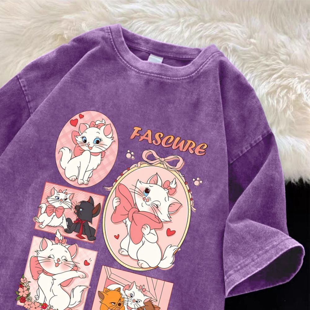 TeeTwoOneเสื้อน่ารัก เสื้อสีฟอก'Mary Cat FASCURE' เสื้อยืด cotton100%วินเทจ OVERSIZEเสื้อทรงซ้อS-3XL【COD】