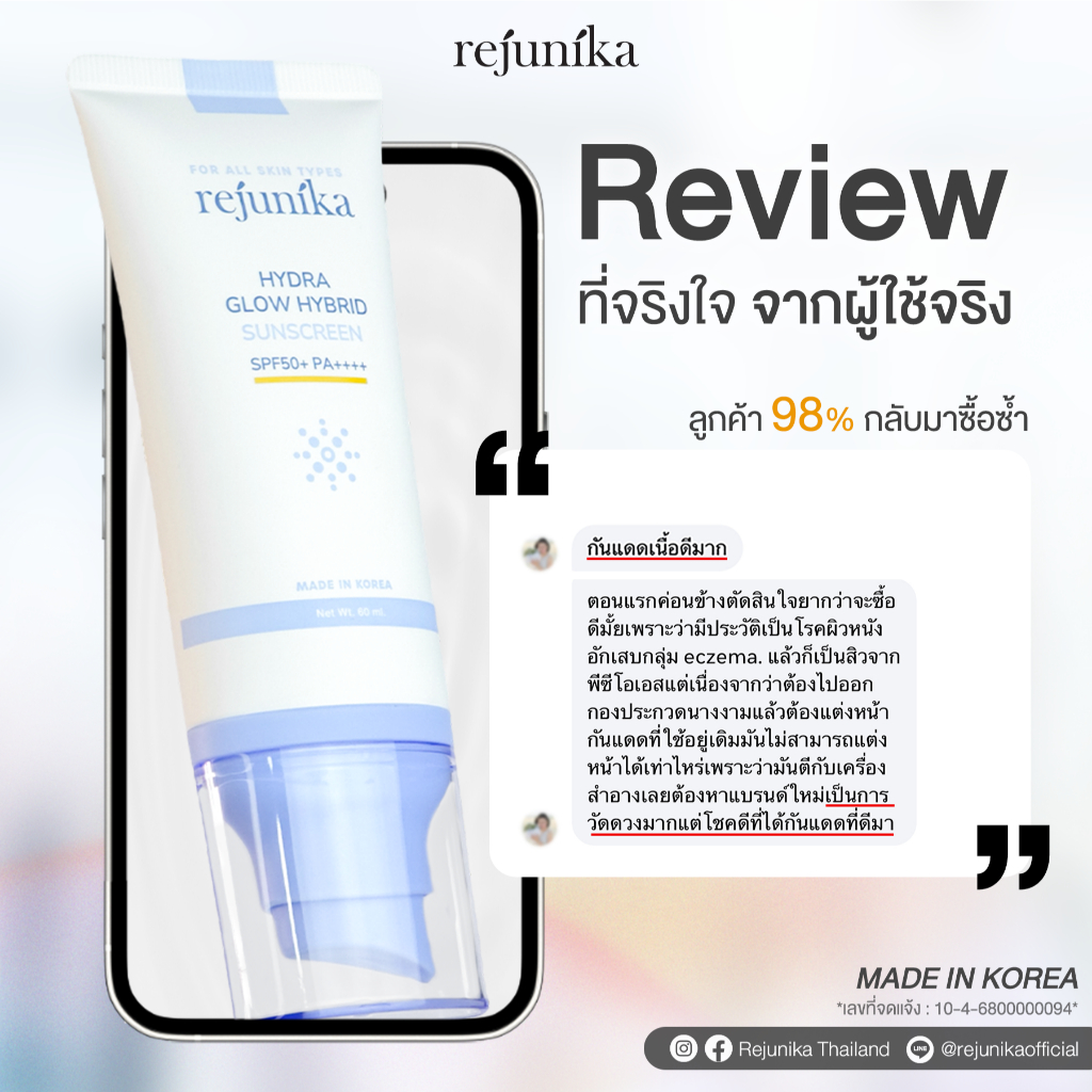 REJUNIKA HYDRA GLOW HYBRID SUNSCREEN SPF50+ PA++++ 60ml. รูปที่ 7