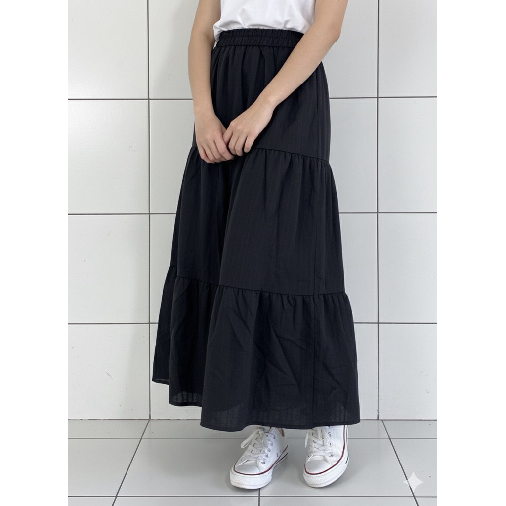 กระโปรงยาวเรียบตัดต่อผ้าร็อปบี้ฟรีไชร์