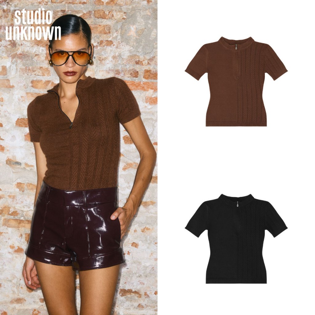 STUDIO UNKNOWN - Holly Half Harringbone  Knit Top เสื้อนิตตกแต่งซิปโลโก้ทอ 2 ดีไซน์ลายเบสิกและลายก้างปลา