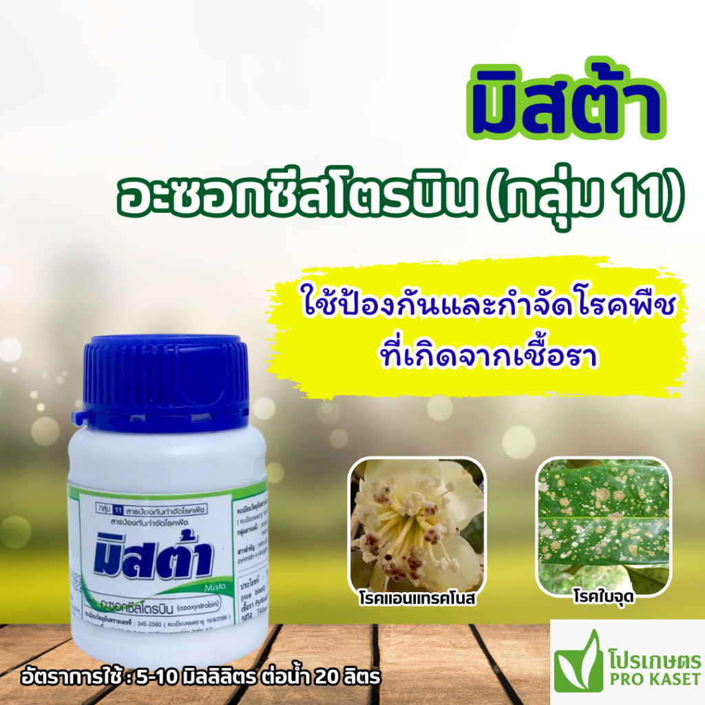 มิสต้า (อะซอกซีสโตรบิน) 100 มล.ใช้ป้องกันและกำจัดโรคราแป้ง โรคแอนแทรคโนส, โรคใบจุด, โรคราสนิม
