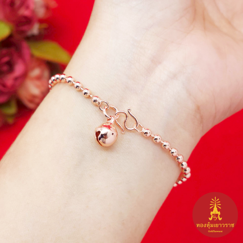 สร้อยข้อมือนาก ลายไข่ปลาห้อยกระพรวน ความยาว 7 นิ้ว ชุบนาก สีพิ้งค์โกลด์ แฟชั่น สไตล์น่ารัก มีปลายทาง