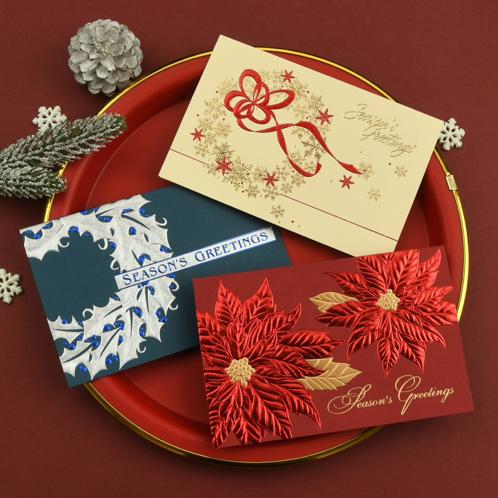 พร้อมส่ง > (13ลาย) การ์ดคริสต์มาส หรู Christmas card  พิมพ์ฟลอยด์ทอง มีกระดาษรองปก พร้อมซอง🎄👀❤️
