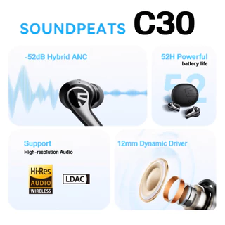 [ ประกันศูนย์ไทย ] SoundPEATS C30 หูฟังบลูทูธอินเอีย หูฟังไร้สาย Hi-Res LDAC มี ANC-52dB Game mode