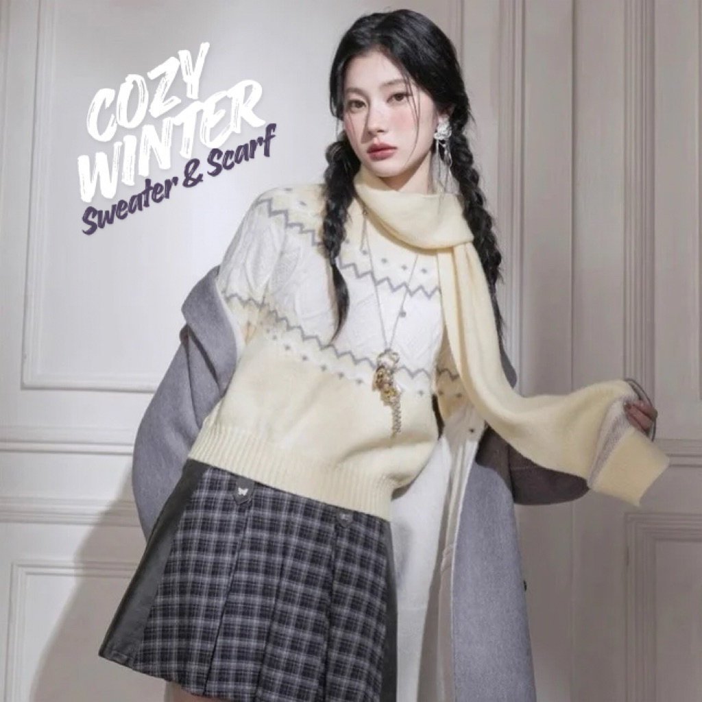 on.december25 เซ็ทเสื้อสเวตเตอร์+ผ้าพันคอ cozy winter โทนเหลืองครีมอ่อน