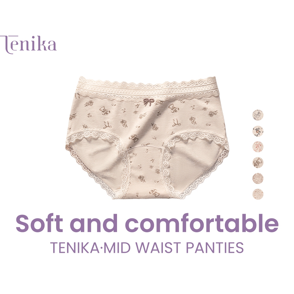 TENIKA กางเกงในผู้หญิง เอวกลาง  ผ้าฝ้ายแท้  Lace Panties ภาษาฝรั่งเศส  Cotton Pa