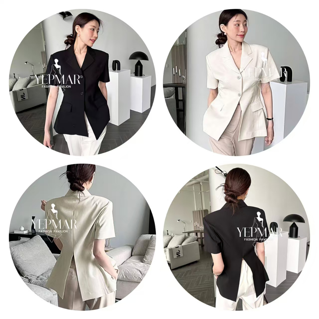 เสื้อแขนสั้นคอปกทรงเชิ้ต มีฟองน้ำเสริมไหล่ มีกระเป๋าด้านหน้าสองข้างใช้งานได้ รุ่นกระดุม 2 เม็ด ทรงสวยเรียบง่าย