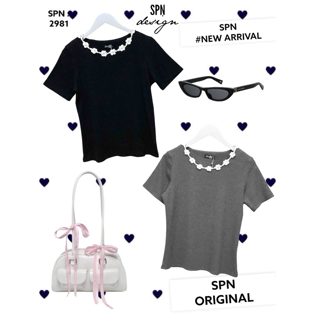 SPN 2981 เสื้อผ้ายืดคอกลม แต่งลูกไม้รอบคอ สีดำ/สีเทา ความยาว 23”