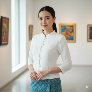 เสื้อแฟร์ชั่นผู้หญิง ทรงจิตรลดา สีขาวนวล ชมพู กรมเข้ม กรมเข้ม ฟ้า