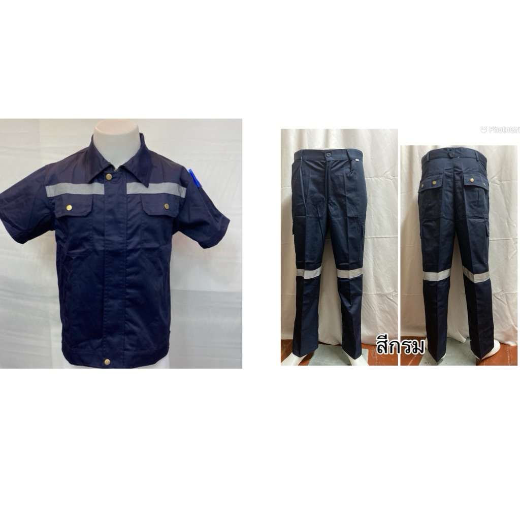 พร้อมส่ง (ชุดเสื้อ + กางเกงหกกระเป๋า) เสื้อสั้นสีล้วน/สีทูโทน เนื้อผ้าโพลีเอสเตอร์ผสมฝ้ายสามารถกันสะเก็ดไฟได้ 20%