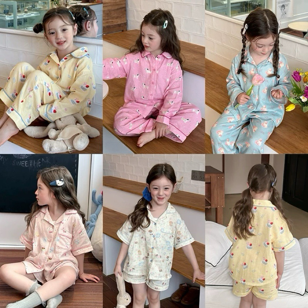 MC139 ชุดนอนลูกสาว ลายการ์ตูนน่ารัก ขาสั้นขายาว มีกระเป๋าตรงหน้าอก ผ้านิ่ม นอนหลับสบาย