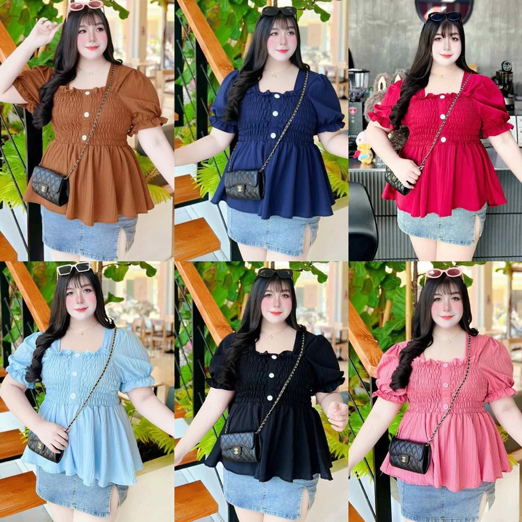 เสื้อคอเหลี่ยมแขนตุ๊กตา เย็บสม๊อค รอบอก ไซส์ใหญ่ อกยืดได้ถึง60นิ้ว ชายเสื้อระบายพรางหุ่น สำหรับสาวอวบอ้วน